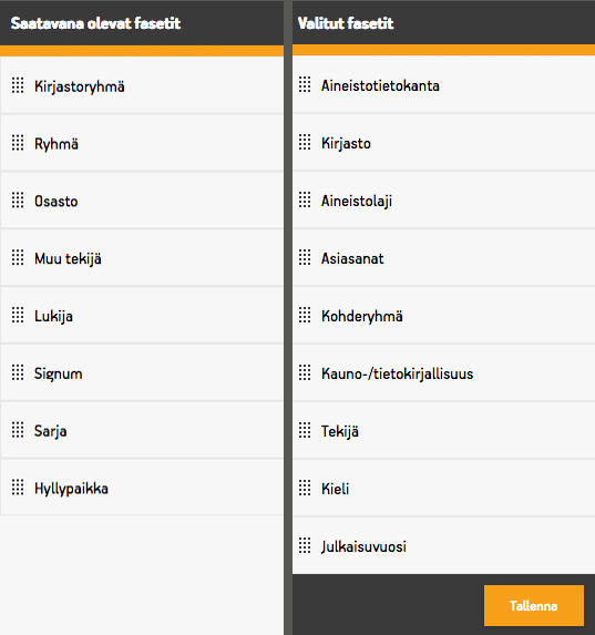 Näkymä, jota käytetään hakufasettien hallinnointiin.