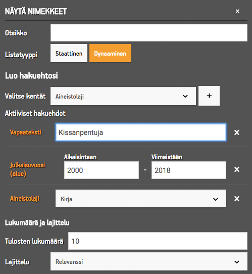 Näytä nimekkeet -pienoisohjelma, johon on valittu suodattimia