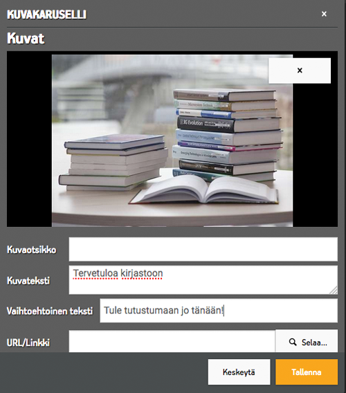 Kuvakaruselliin lisätyn kuvan asetukset