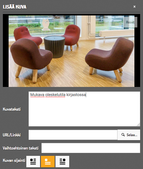 Lisää kuva -pienoisohjelman asetukset