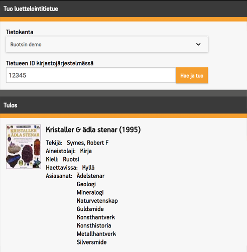 Hakukenttä ja tuotu luettelointitietue