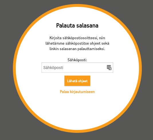 Näkymä salasanan palautuslinkin pyytämiseen.