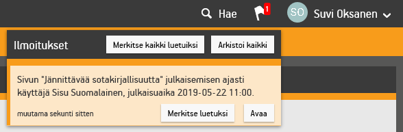 Ilmoituspaneeli, jossa on uusi ilmoitus