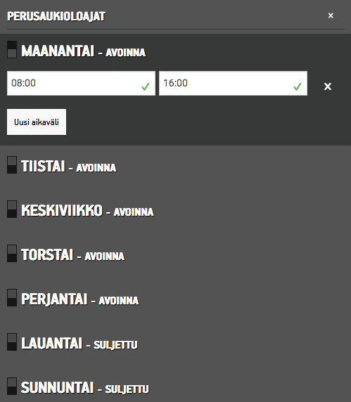 Paneeli, jossa muokataan tarkkoja aukioloaikoja