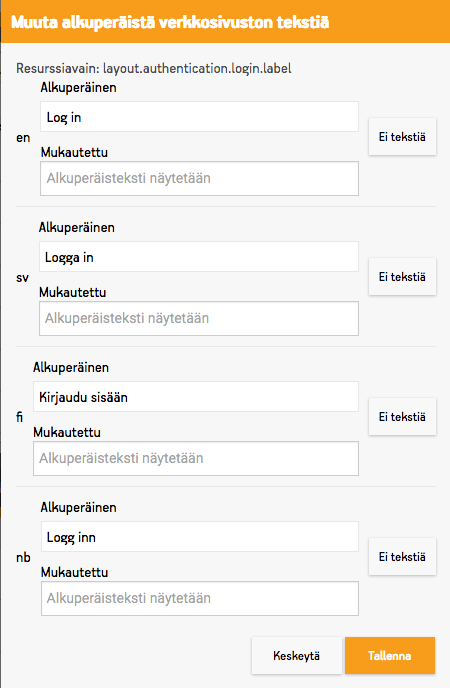 Muokkausikkuna verkkosivuston tekstien muokkaukseen