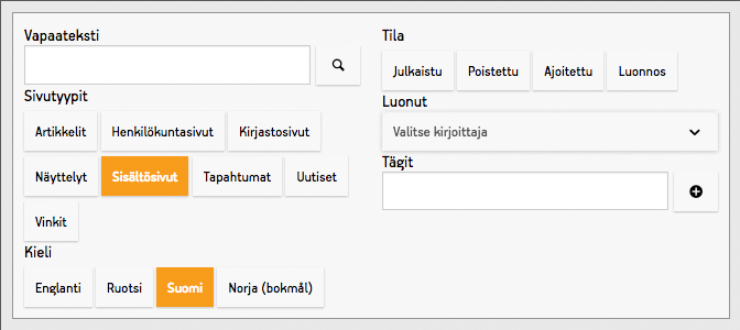 Sisältöhaun hakulause ja suodatinasetukset