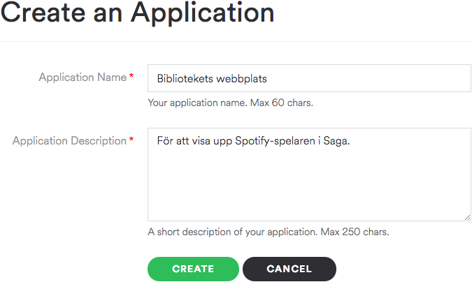 Näkymä uuden sovelluksen luomiseen Spotifyssa.