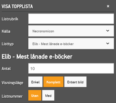 Inställningarna för en Elib topplista