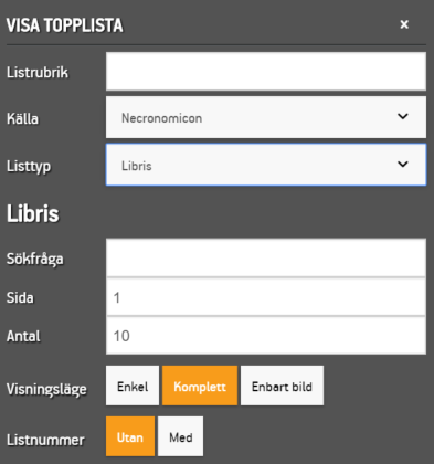 Inställningarna för en Libris topplista
