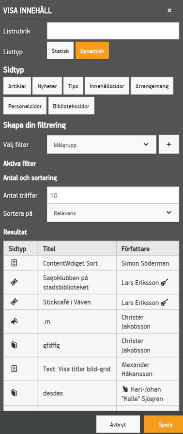 Widgeten Visa innehålls inställningar