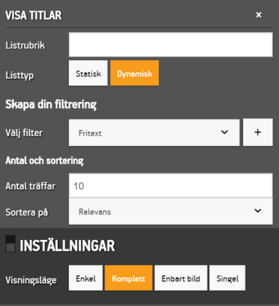 Widgeten Visa titlars sökinställningar