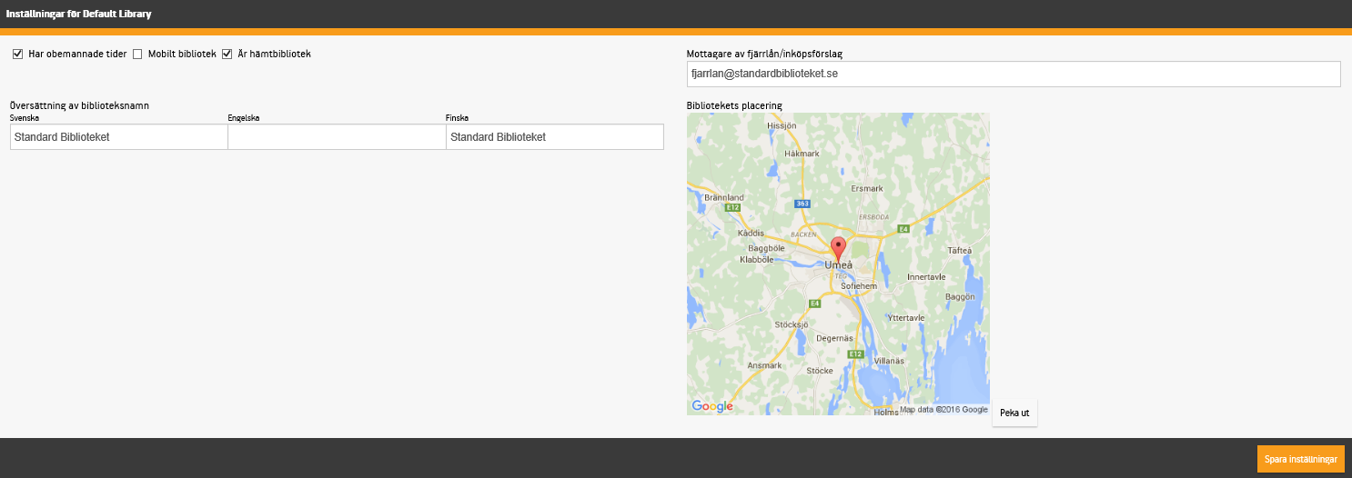 Inställningar för biblioteket kan ändras här