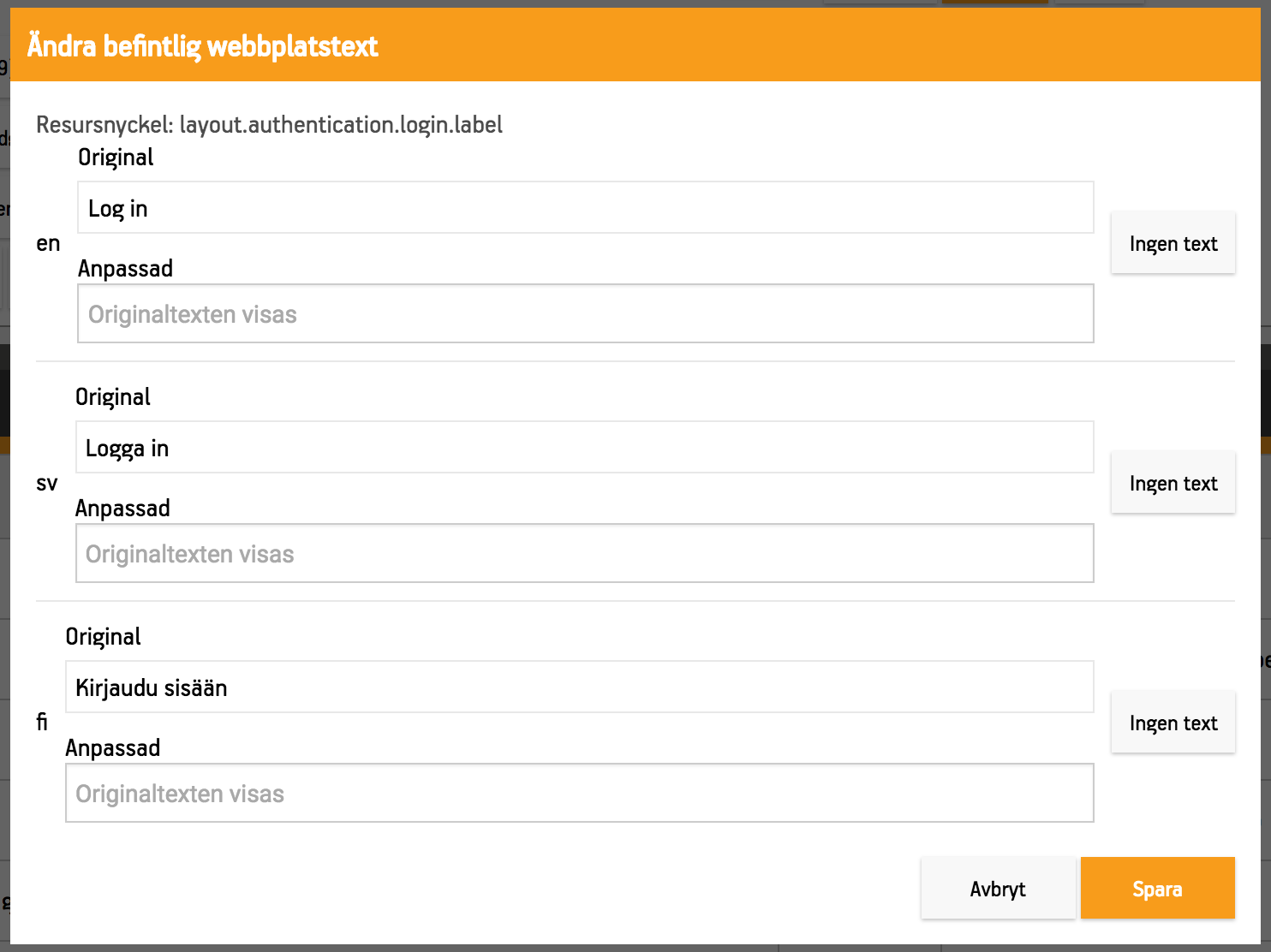 Dialog för att ändra webbplatsens texter