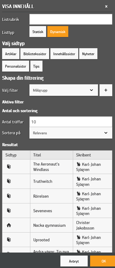 Widgeten Visa innehålls inställningar