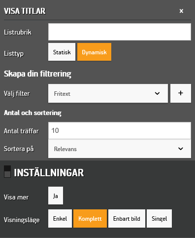 Widgeten Visa titlars sökinställningar