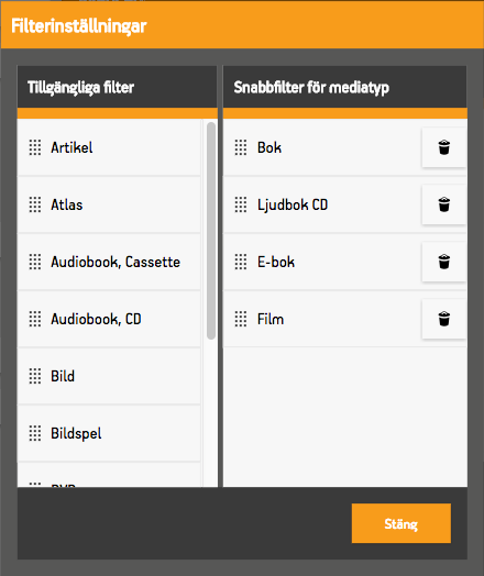 Dialogen för att välja mediatyper till ett snabbfilter