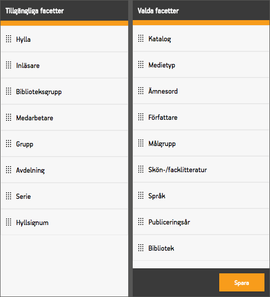 Vyn som används för att hantera sökfacetter.