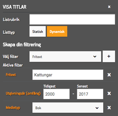 Widgeten Titellista med ett antal valda filter