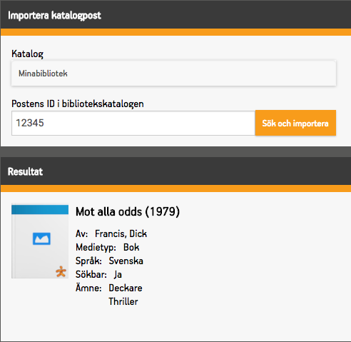 Sökruta och importerad katalogpost