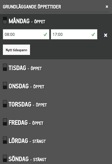 Panel där man redigerar exakta öppettider