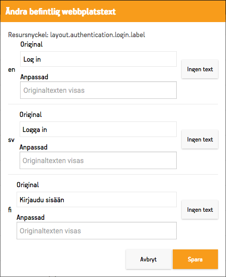 Dialog för att ändra webbplatsens texter