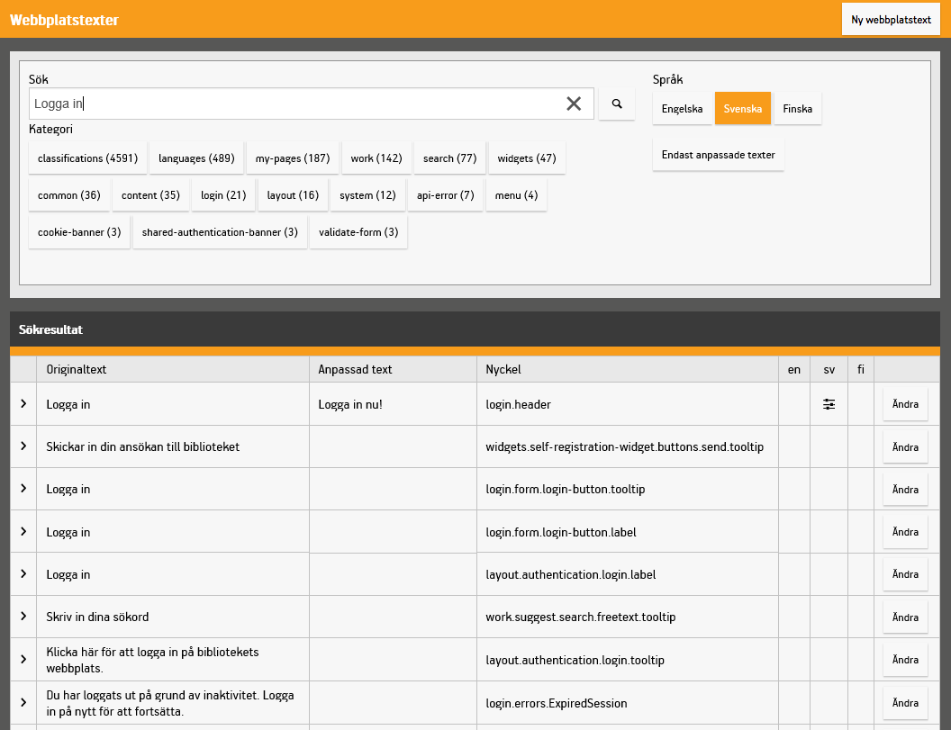 Sökruta med filtrering för webbplatsens texter
