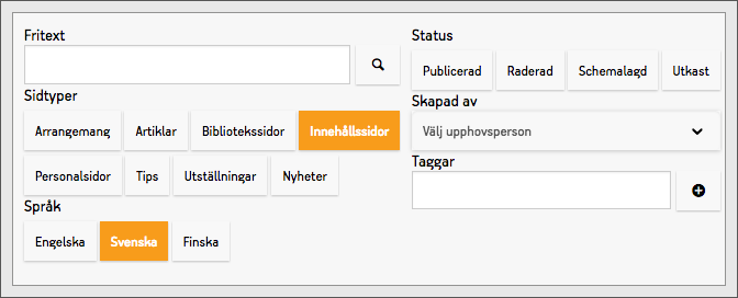 Sökfråga och filterinställningar för innehållssöken
