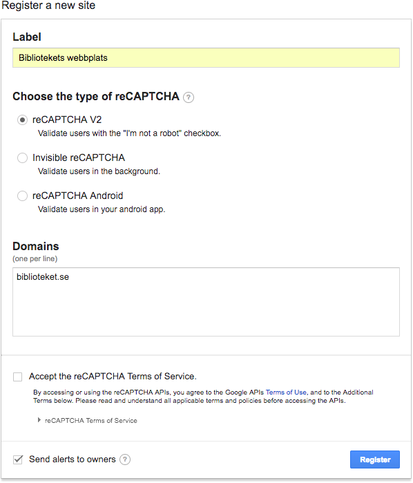 Vyn för att registrera en ny webbplats för reCAPTCHA.