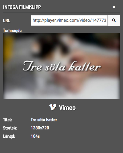 Widgeten Video med en Vimeo-länk infogad