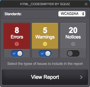 Panelen med WCAG-validatorn HTML_CodeSniffer
