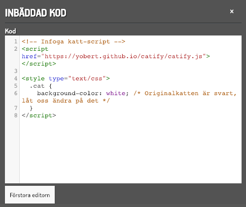 Kod-widgeten i normalt läge med ett script som infogar en katt
