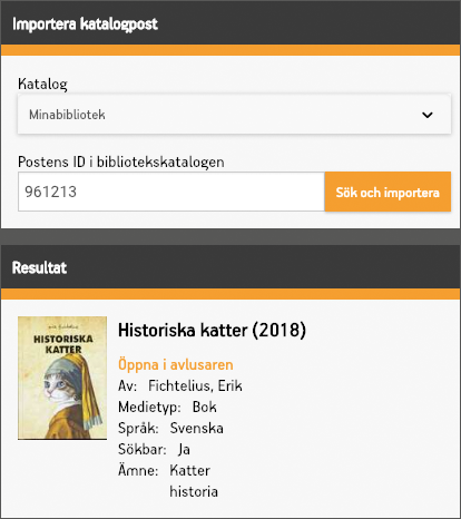 Sökruta och importerad katalogpost