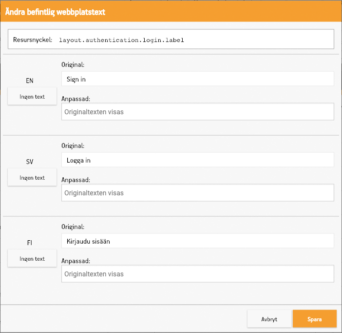 Dialog för att ändra webbplatsens texter