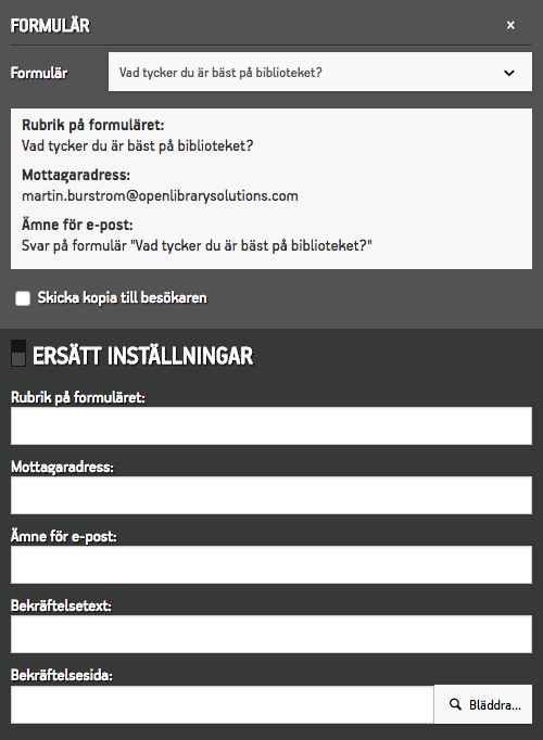Widgeten Formulär med ett valt formulär och panelen "Ersätt inställningar" utfälld
